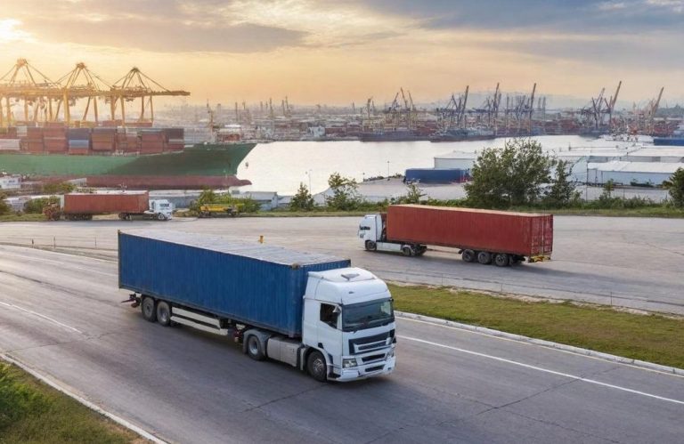 Lkw mit blauer Ladefläche auf einer Straße, Hafenkräne im Hintergrund bei Sonnenuntergang.