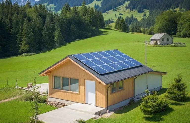 Holzhaus mit Solarpanelen auf dem Dach, umgeben von grüner Landschaft und Bergen.
