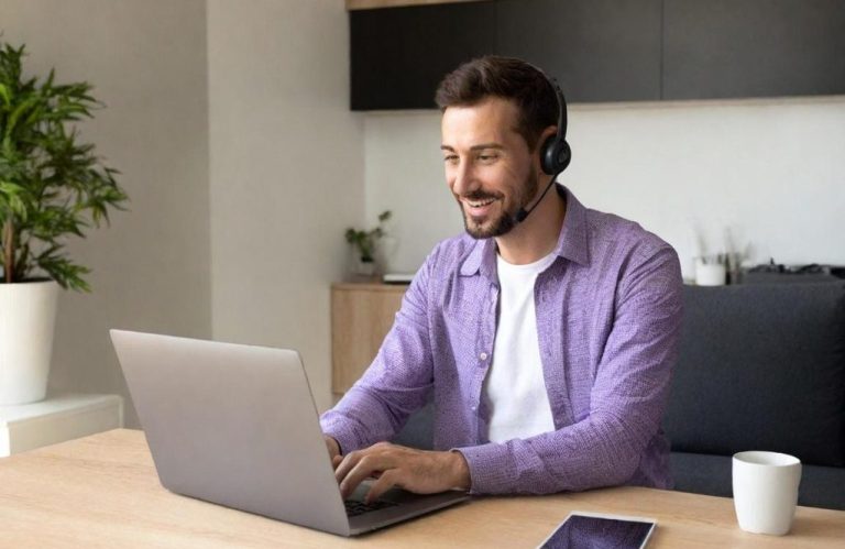 Mann mit Kopfhörern, der lächelnd an einem Laptop arbeitet. Pflanzen im Hintergrund.