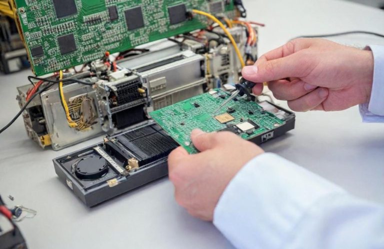 Eine Person hält eine Leiterplatte und arbeitet an einem offenen Gerät.